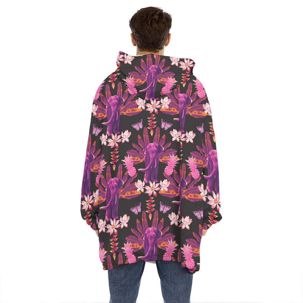 Purple Tropical Elephant Pattern Print Hoodie Blanket