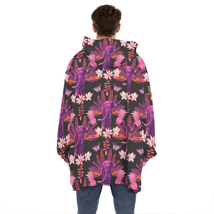 Purple Tropical Elephant Pattern Print Hoodie Blanket