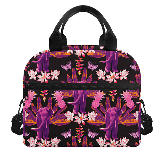 Purple Tropical Elephant Pattern Print Insulated Lunch Bag