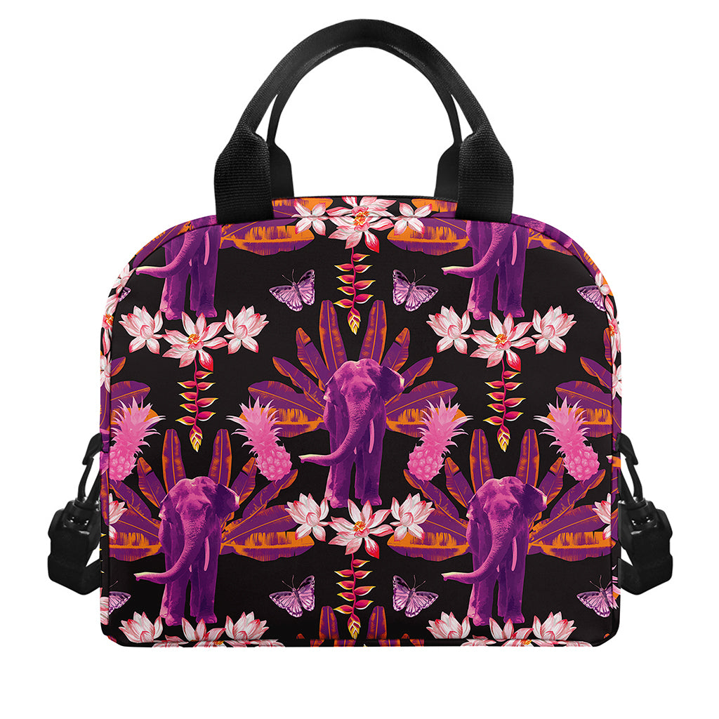 Purple Tropical Elephant Pattern Print Insulated Lunch Bag