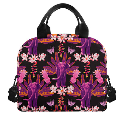 Purple Tropical Elephant Pattern Print Insulated Lunch Bag