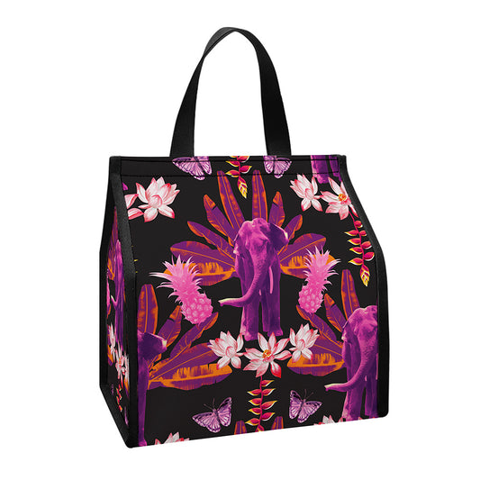Purple Tropical Elephant Pattern Print Insulated Lunch Tote