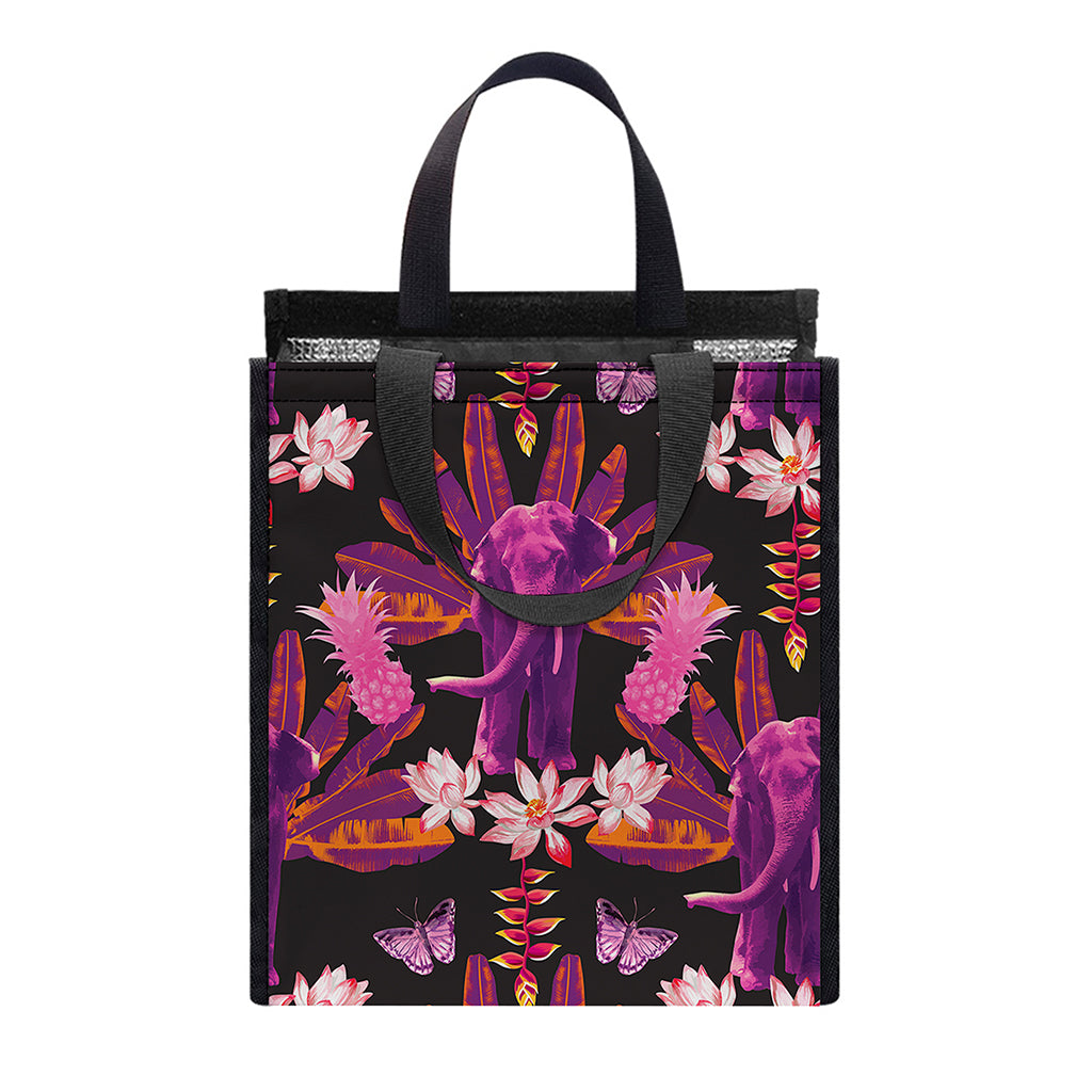 Purple Tropical Elephant Pattern Print Insulated Lunch Tote