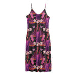 Purple Tropical Elephant Pattern Print Jersey Midi Cami Dress