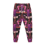 Purple Tropical Elephant Pattern Print Jogger Pants