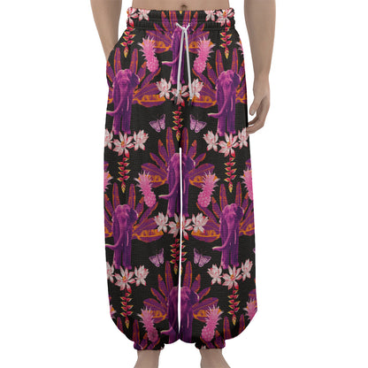 Purple Tropical Elephant Pattern Print Lantern Pants
