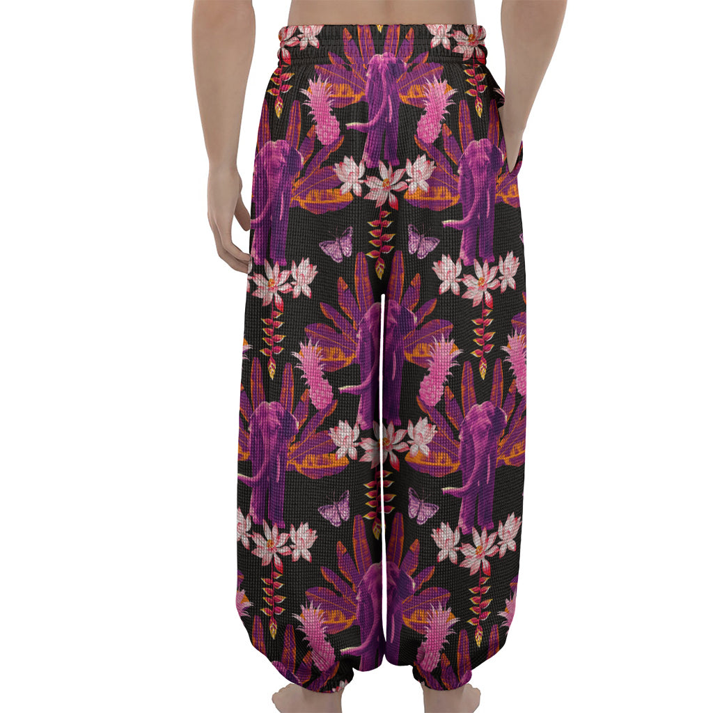 Purple Tropical Elephant Pattern Print Lantern Pants