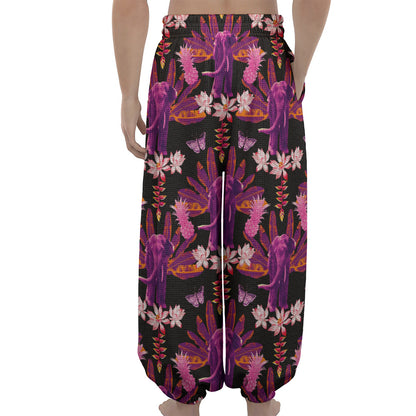 Purple Tropical Elephant Pattern Print Lantern Pants