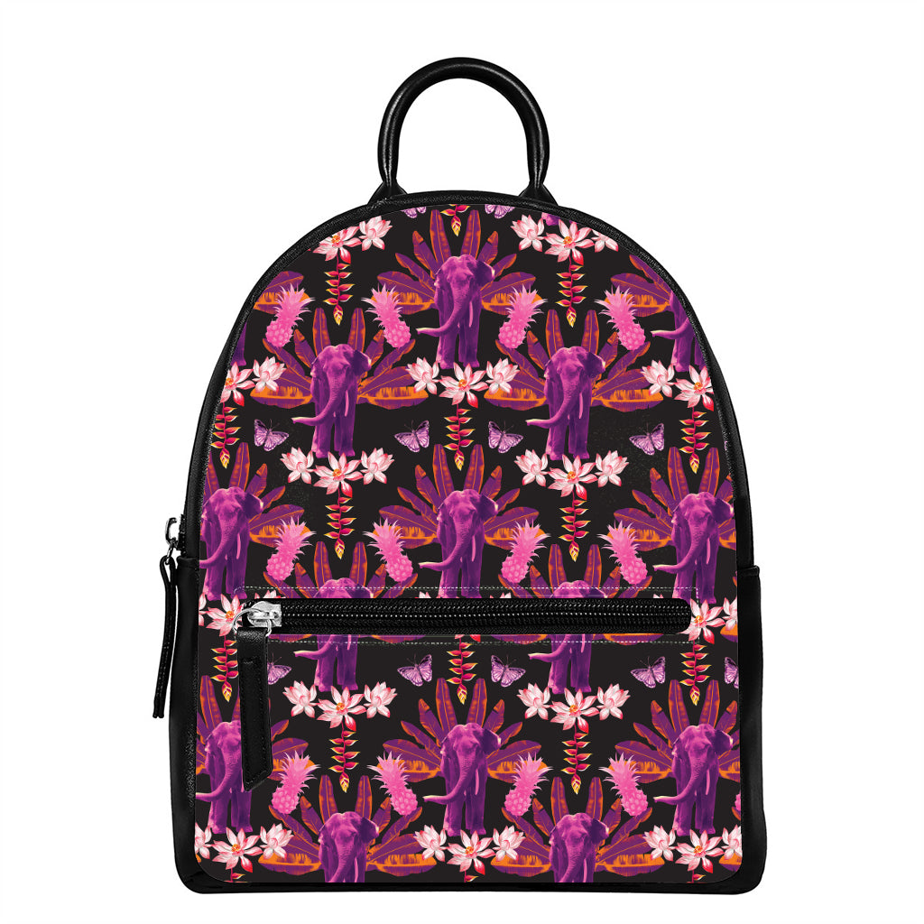 Purple Tropical Elephant Pattern Print Leather Backpack