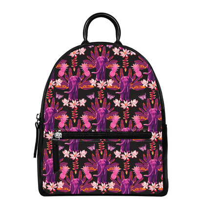 Purple Tropical Elephant Pattern Print Leather Backpack
