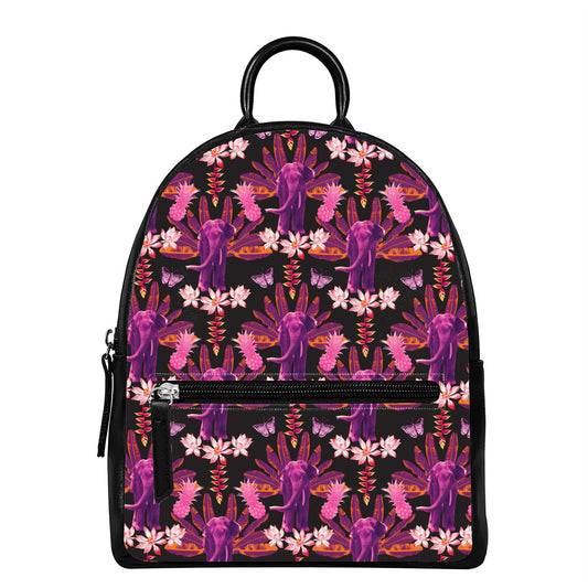 Purple Tropical Elephant Pattern Print Leather Backpack