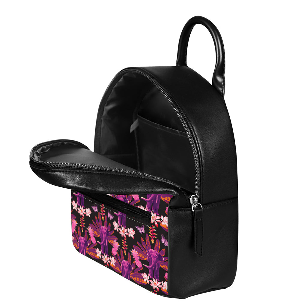 Purple Tropical Elephant Pattern Print Leather Backpack