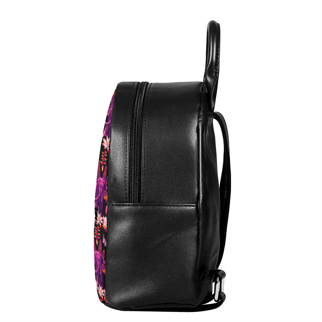 Purple Tropical Elephant Pattern Print Leather Backpack