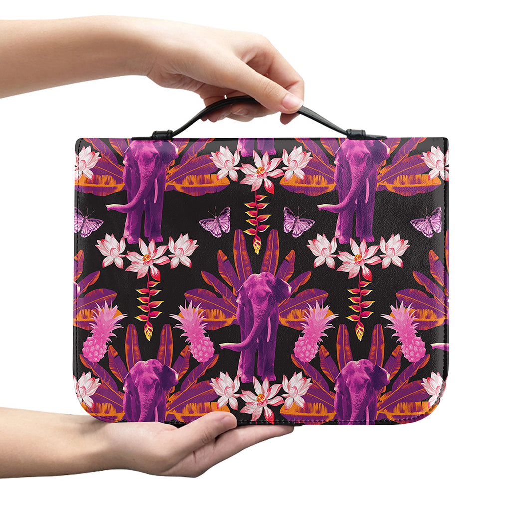 Purple Tropical Elephant Pattern Print Leather Bible Cover