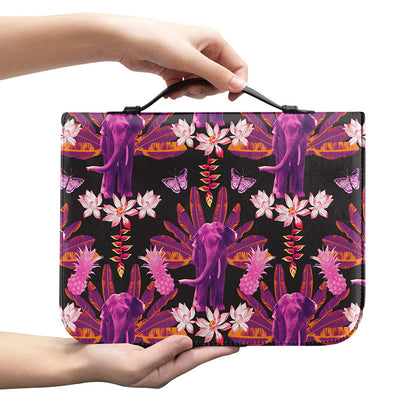 Purple Tropical Elephant Pattern Print Leather Bible Cover