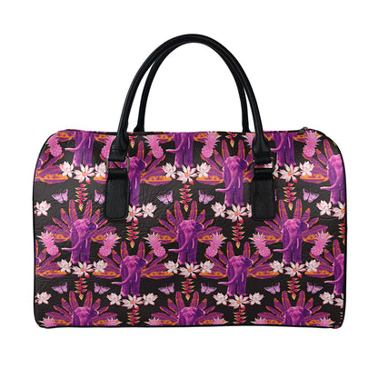 Purple Tropical Elephant Pattern Print Leather Duffle Bag