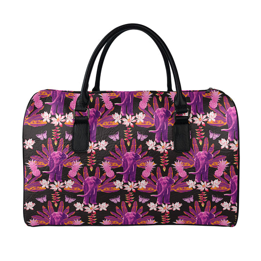 Purple Tropical Elephant Pattern Print Leather Duffle Bag