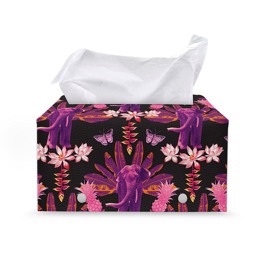 Purple Tropical Elephant Pattern Print Leather Tissue Box Cover