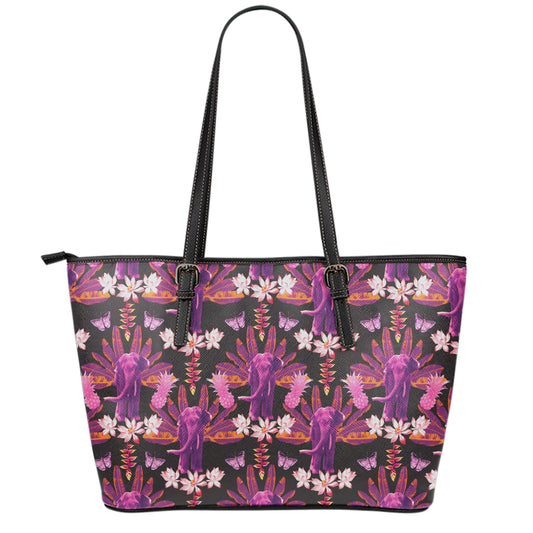 Purple Tropical Elephant Pattern Print Leather Tote Bag