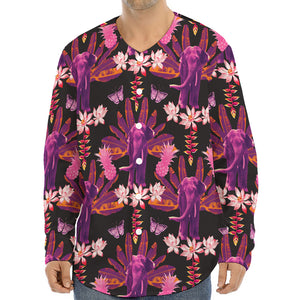 Purple Tropical Elephant Pattern Print Long Sleeve Baseball Jersey