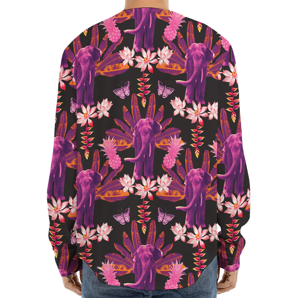 Purple Tropical Elephant Pattern Print Long Sleeve Baseball Jersey