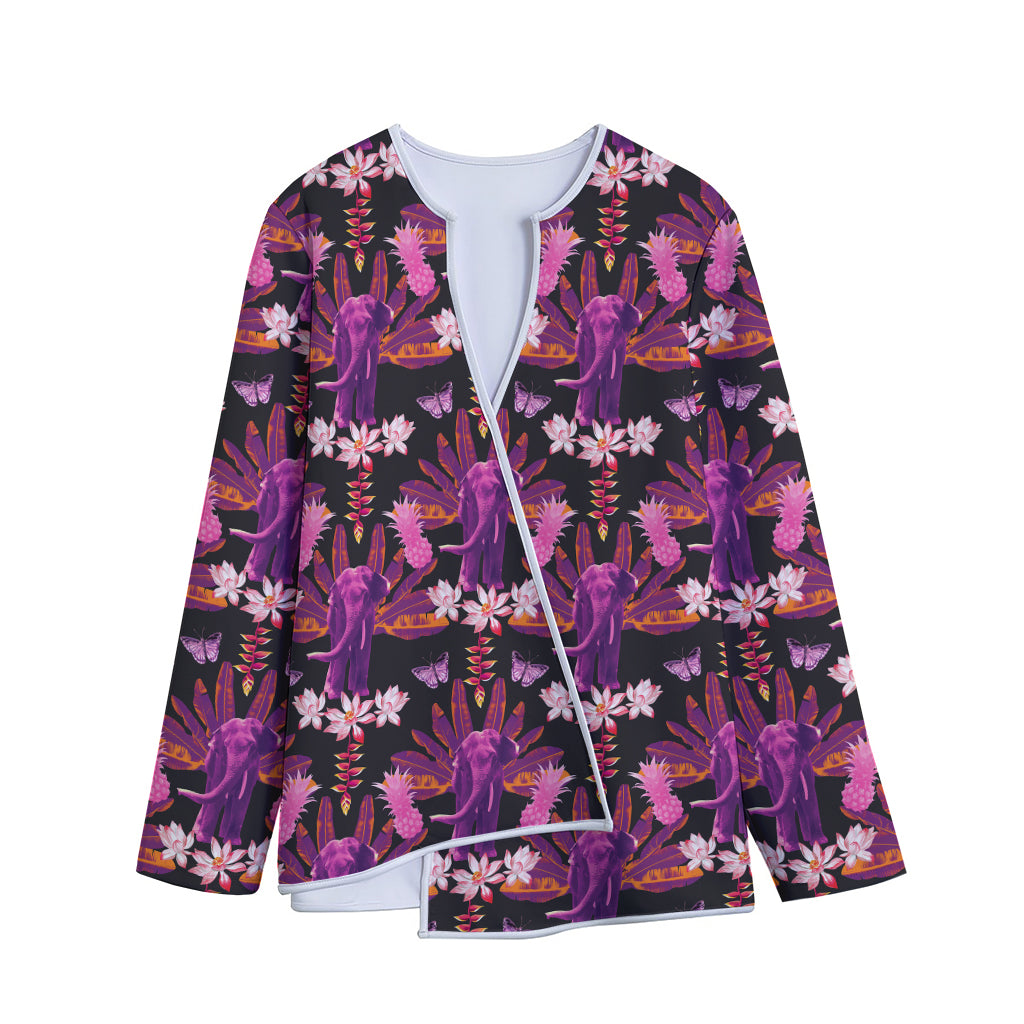 Purple Tropical Elephant Pattern Print Long Sleeve Short Coat