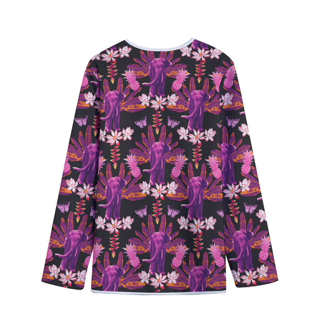 Purple Tropical Elephant Pattern Print Long Sleeve Short Coat