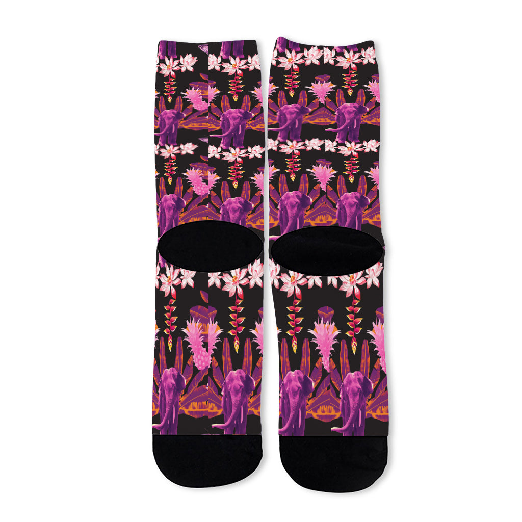 Purple Tropical Elephant Pattern Print Long Socks