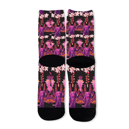 Purple Tropical Elephant Pattern Print Long Socks