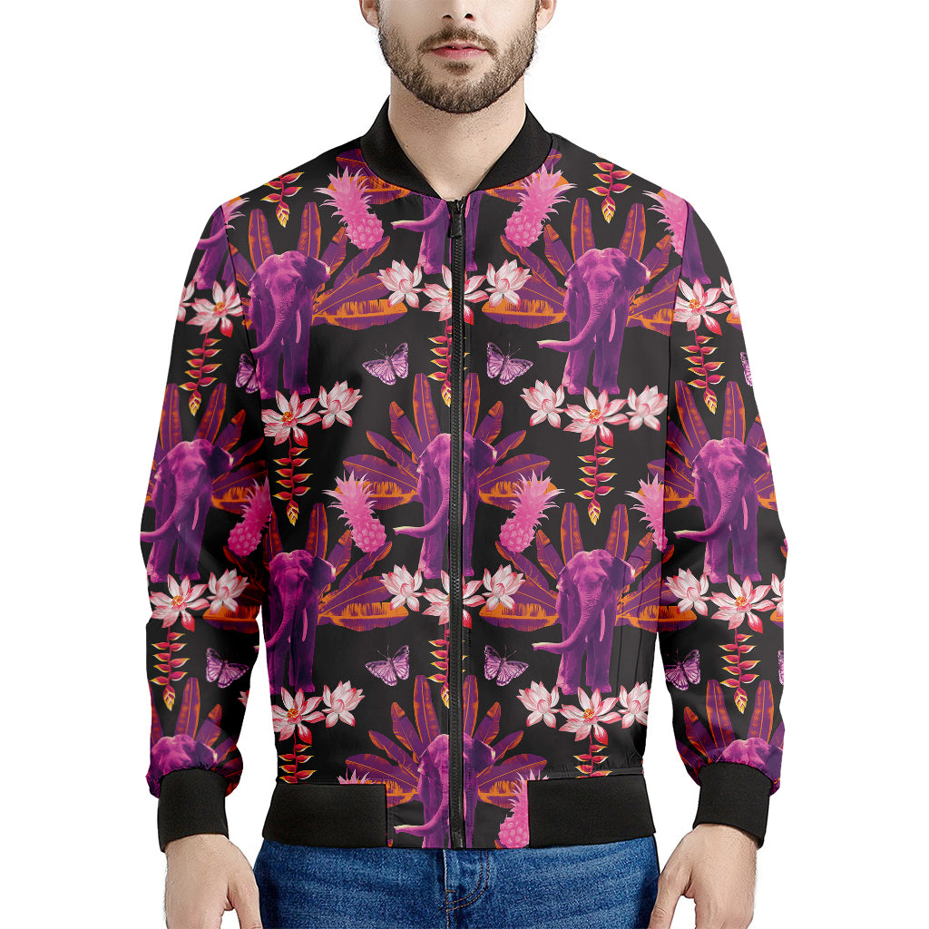 Purple Tropical Elephant Pattern Print Men's Bomber Jacket