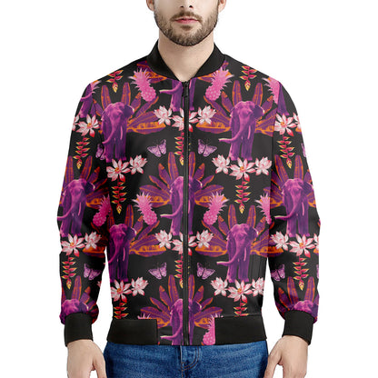 Purple Tropical Elephant Pattern Print Men's Bomber Jacket