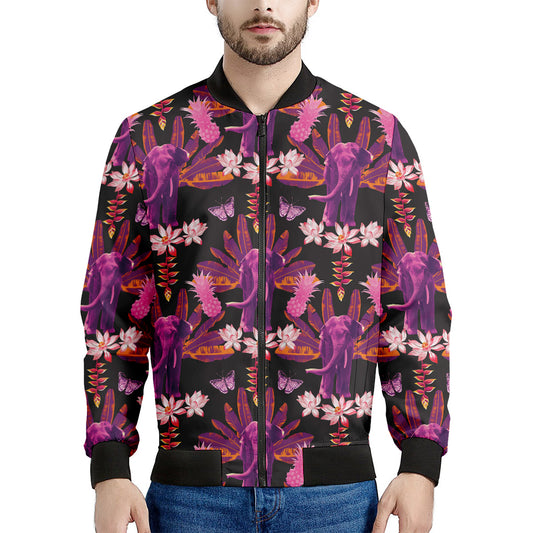 Purple Tropical Elephant Pattern Print Men's Bomber Jacket