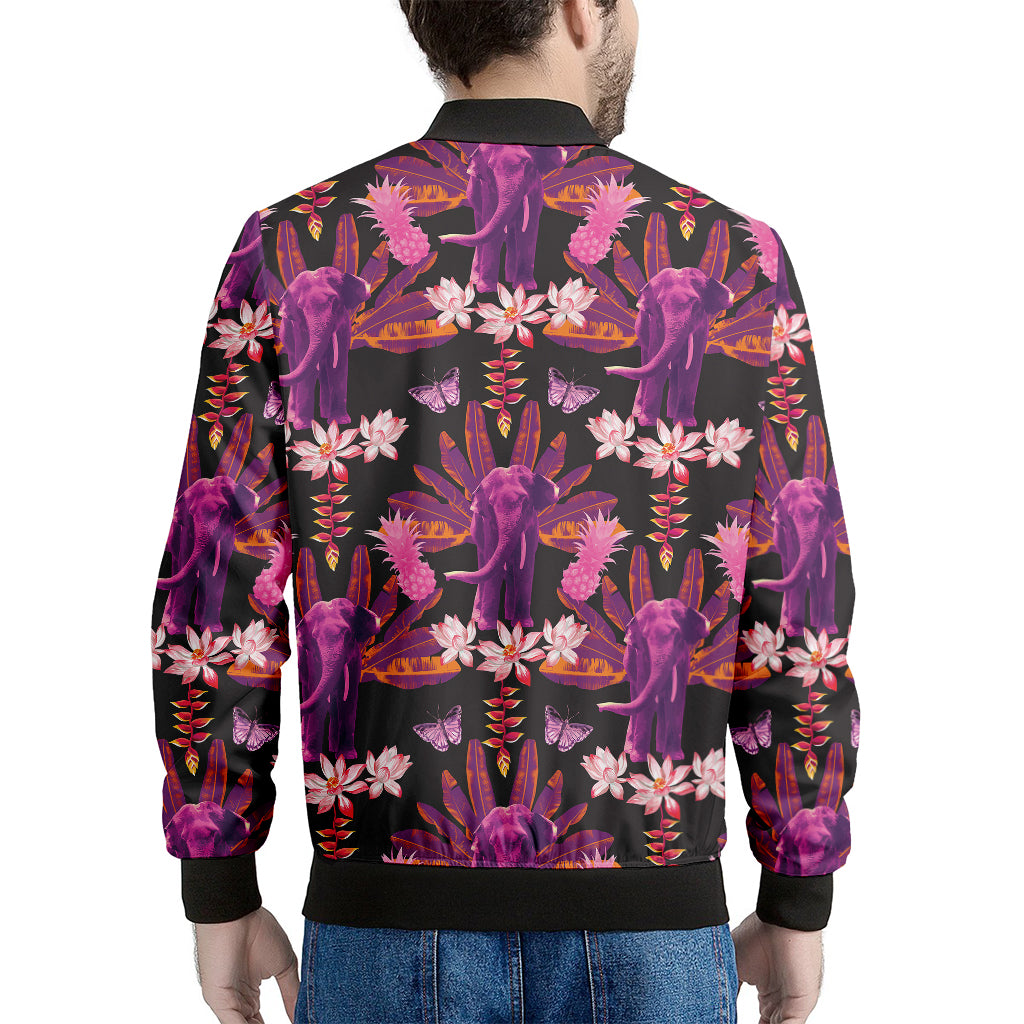 Purple Tropical Elephant Pattern Print Men's Bomber Jacket