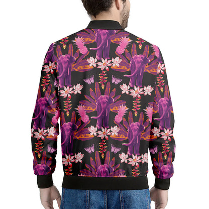 Purple Tropical Elephant Pattern Print Men's Bomber Jacket