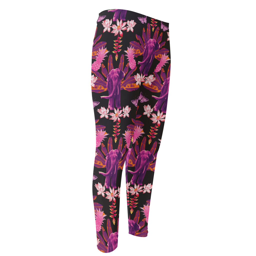 Purple Tropical Elephant Pattern Print Men's Compression Pants