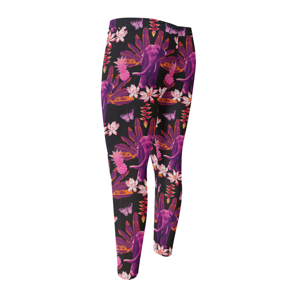 Purple Tropical Elephant Pattern Print Men's Compression Pants