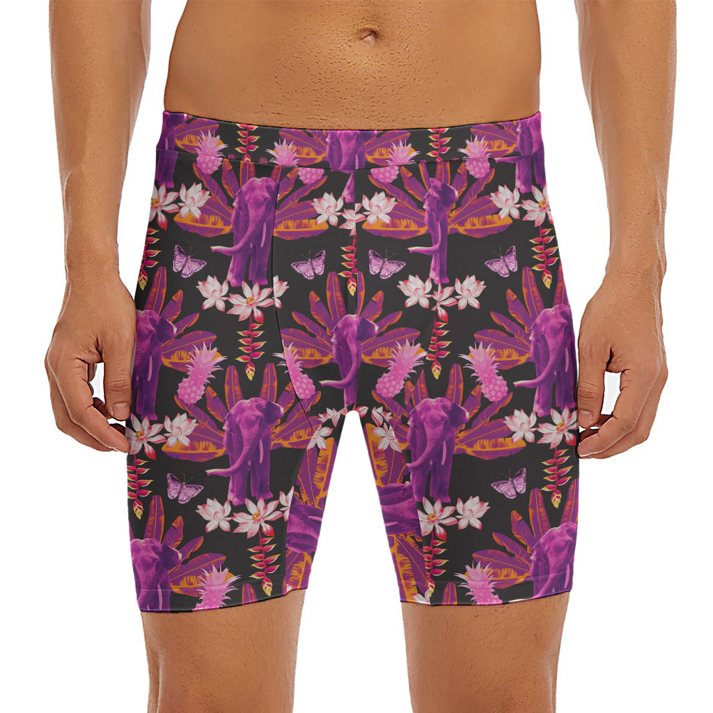 Purple Tropical Elephant Pattern Print Men's Long Boxer Briefs
