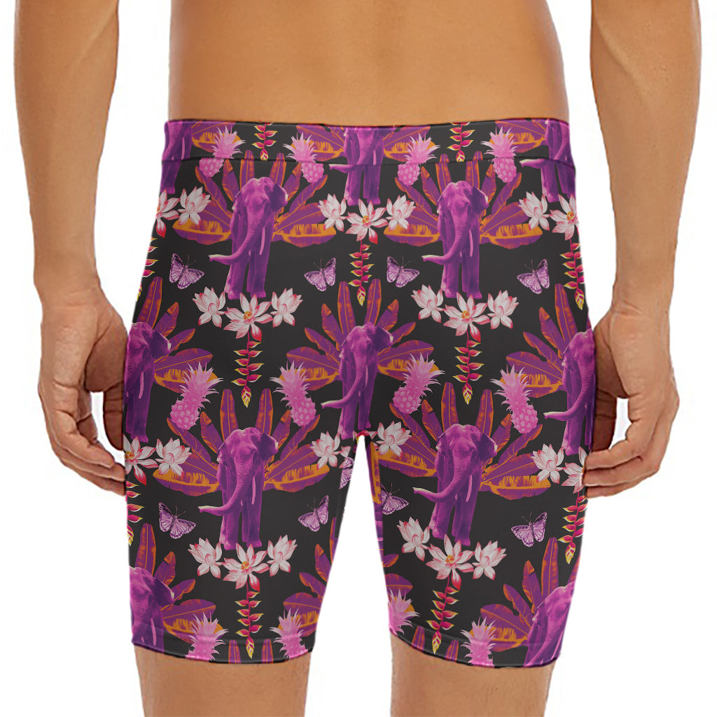 Purple Tropical Elephant Pattern Print Men's Long Boxer Briefs