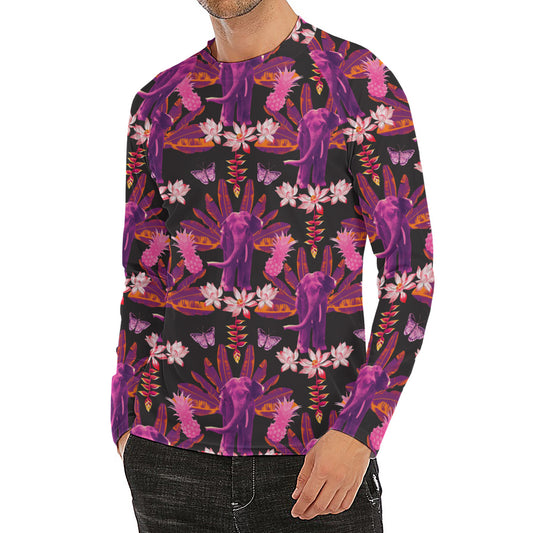 Purple Tropical Elephant Pattern Print Men's Long Sleeve Rash Guard