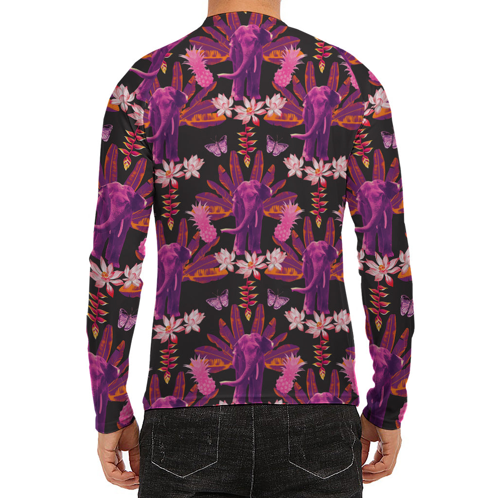 Purple Tropical Elephant Pattern Print Men's Long Sleeve Rash Guard