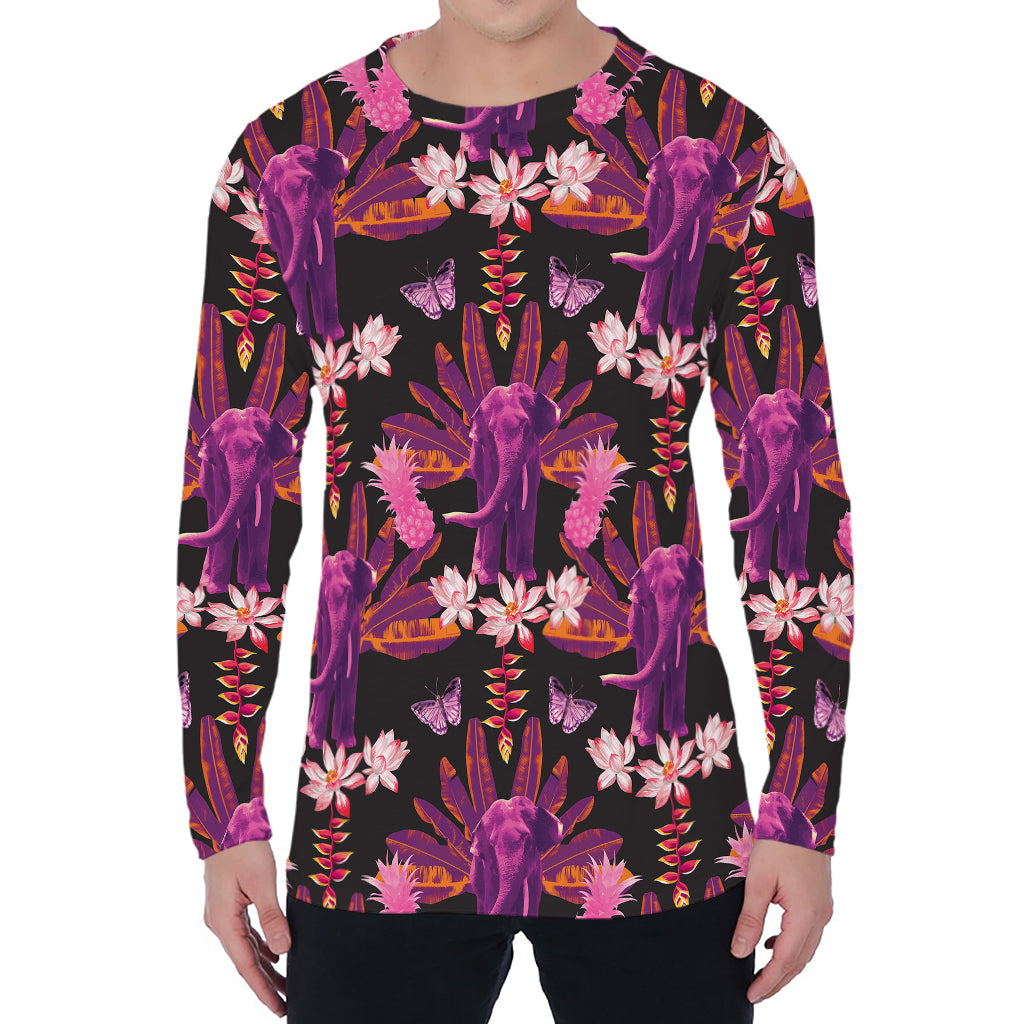 Purple Tropical Elephant Pattern Print Men's Long Sleeve T-Shirt
