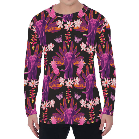 Purple Tropical Elephant Pattern Print Men's Long Sleeve T-Shirt