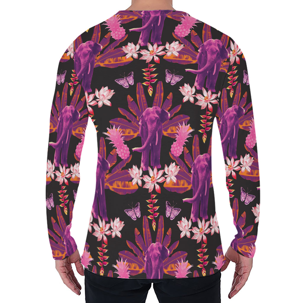 Purple Tropical Elephant Pattern Print Men's Long Sleeve T-Shirt