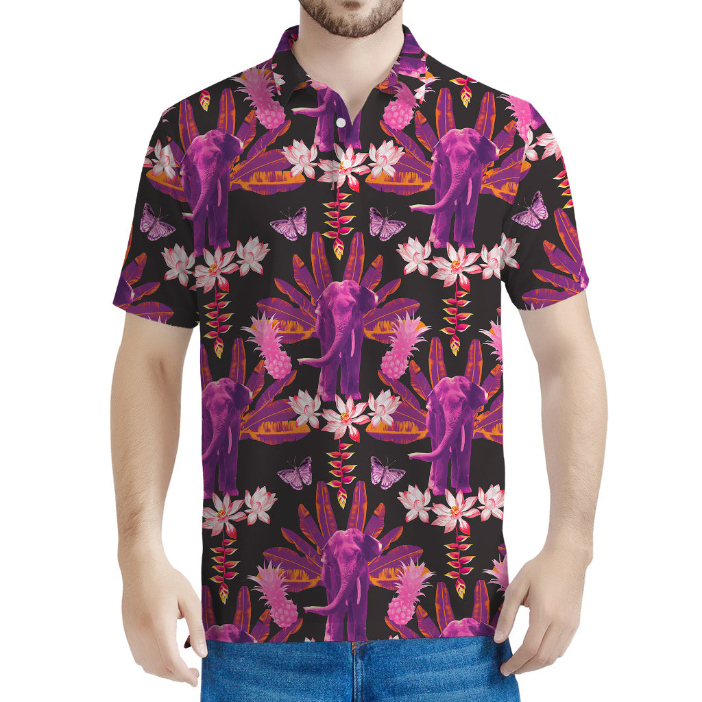 Purple Tropical Elephant Pattern Print Men's Polo Shirt
