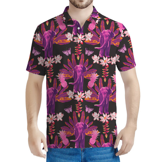 Purple Tropical Elephant Pattern Print Men's Polo Shirt