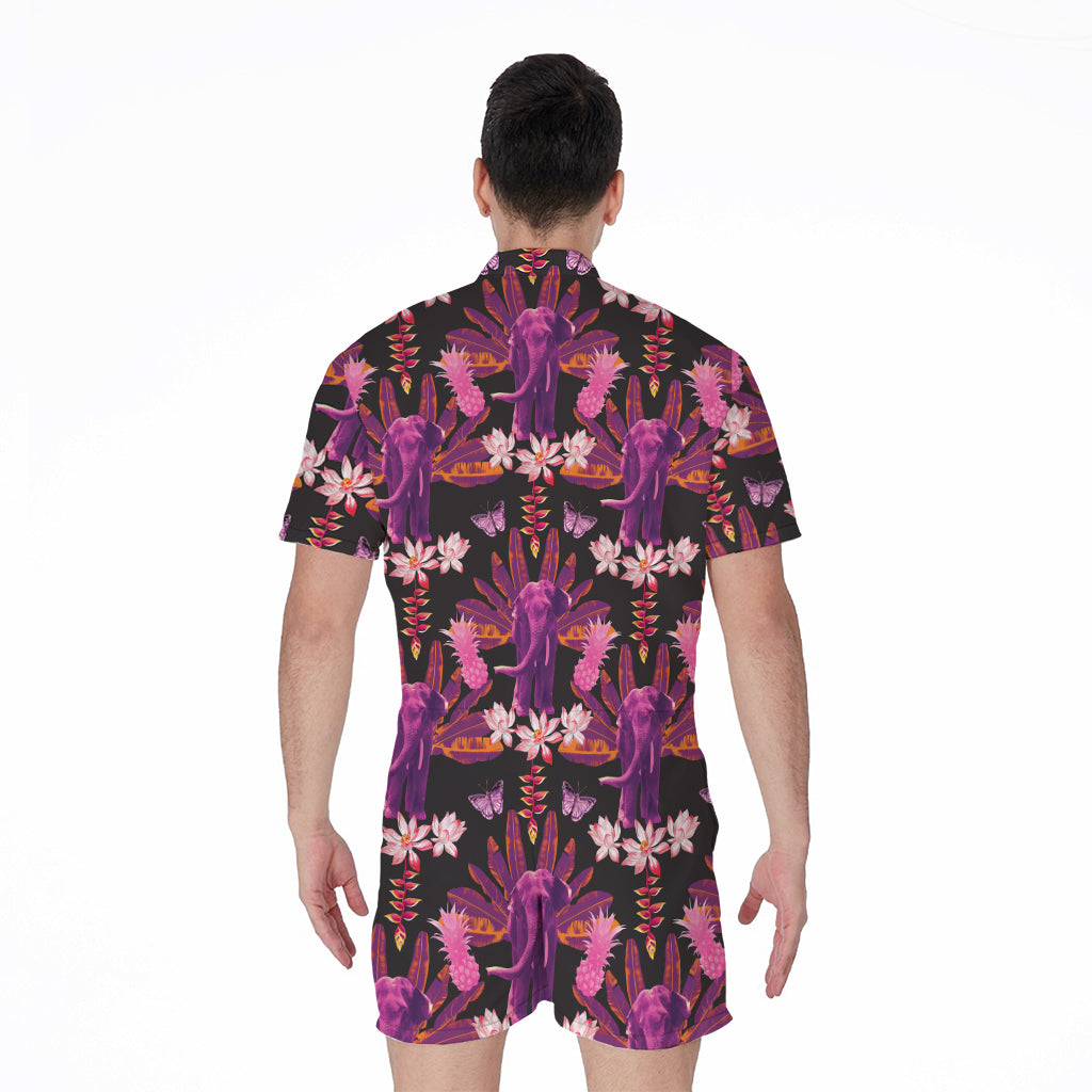 Purple Tropical Elephant Pattern Print Men's Rompers