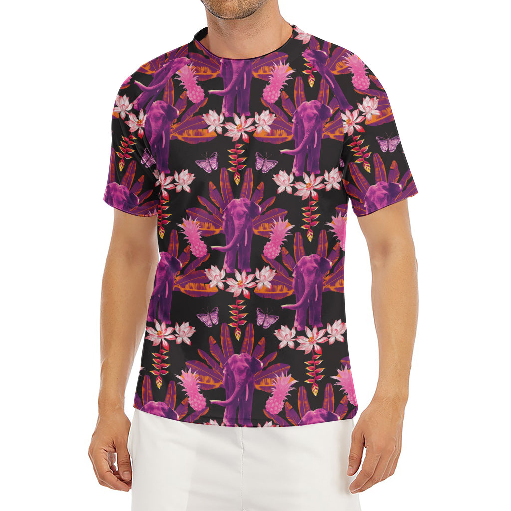 Purple Tropical Elephant Pattern Print Men's Short Sleeve Rash Guard