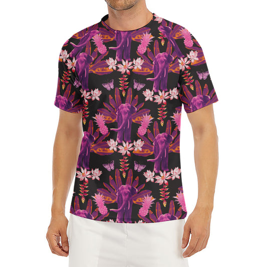 Purple Tropical Elephant Pattern Print Men's Short Sleeve Rash Guard
