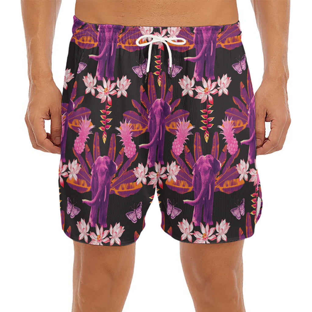 Purple Tropical Elephant Pattern Print Men's Split Running Shorts