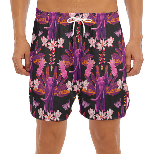 Purple Tropical Elephant Pattern Print Men's Split Running Shorts
